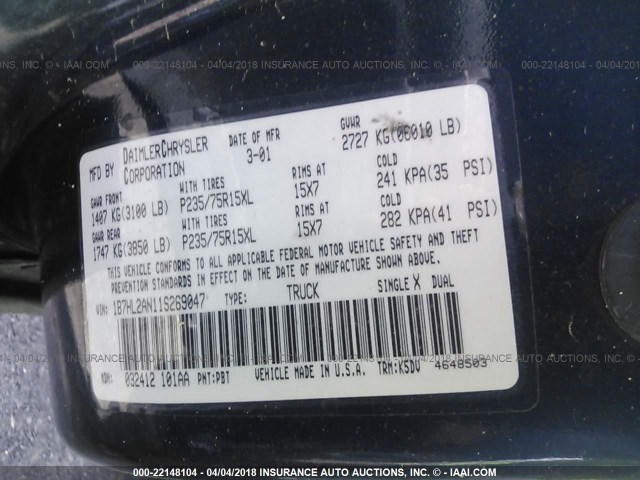 1B7HL2AN11S269047 - 2001 DODGE DAKOTA QUAD BLUE photo 9