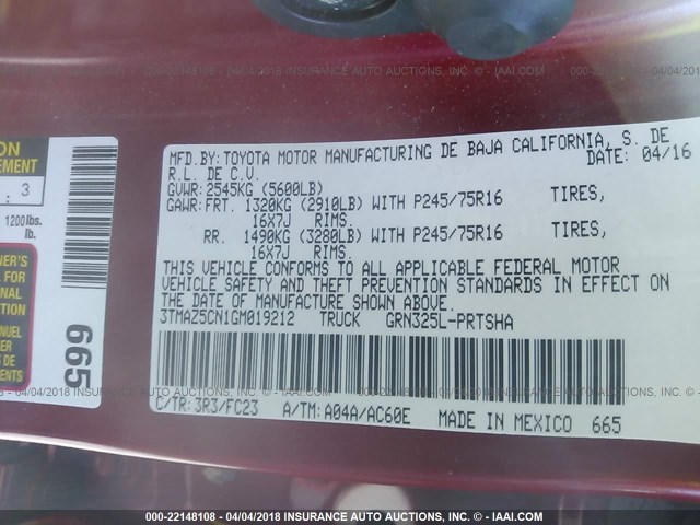 3TMAZ5CN1GM019212 - 2016 TOYOTA TACOMA DBL CAB/SR5/TRD SPORT/OR RED photo 9