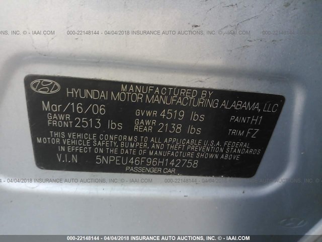 5NPEU46F96H142758 - 2006 HYUNDAI SONATA GLS/LX SILVER photo 9