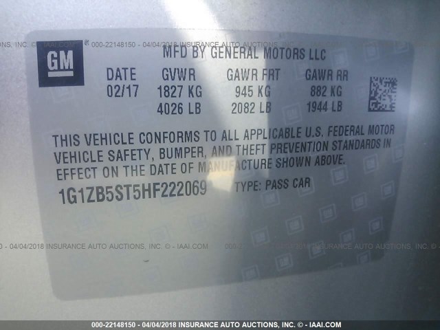 1G1ZB5ST5HF222069 - 2017 CHEVROLET MALIBU LS ვერცხლისფერი ფოტო 9