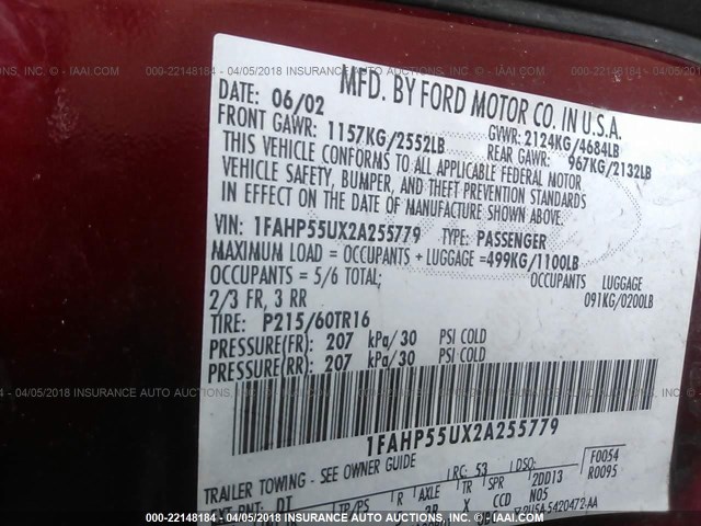 1FAHP55UX2A255779 - 2002 FORD TAURUS SES MAROON photo 9