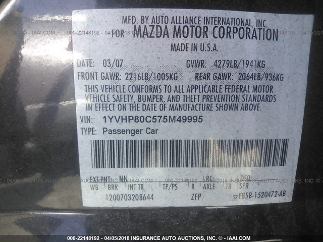 1YVHP80C575M49995 - 2007 MAZDA 6 I BLACK photo 9