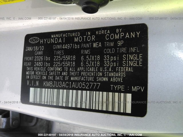 KM8JU3AC1AU052777 - 2010 HYUNDAI TUCSON GLS/LIMITED 银色 照片 9