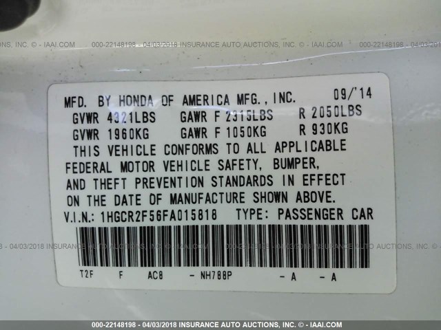 1HGCR2F56FA015818 - 2015 HONDA ACCORD SPORT 白色 照片 9