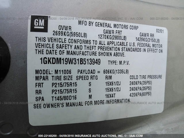 1GKDM19W31B513949 - 2001 GMC SAFARI XT GRAY photo 9