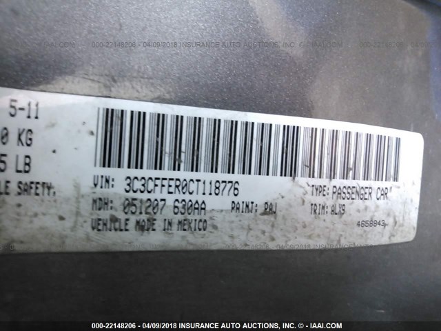 3C3CFFER0CT118776 - 2012 FIAT 500 LOUNGE GRAY photo 9