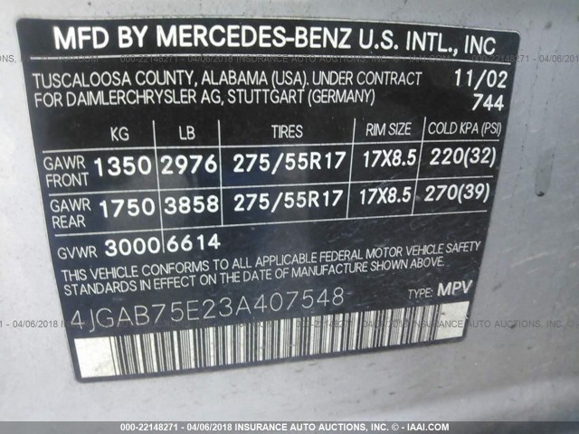 4JGAB75E23A407548 - 2003 MERCEDES-BENZ ML 500 SILVER photo 9