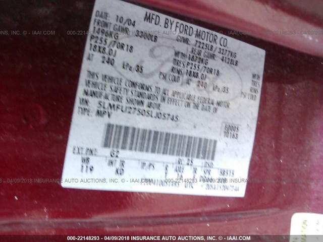 5LMFU27505LJ05745 - 2005 LINCOLN NAVIGATOR წითელი ფოტო 9