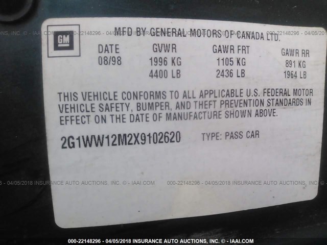 2G1WW12M2X9102620 - 1999 CHEVROLET MONTE CARLO LS 绿色 照片 9