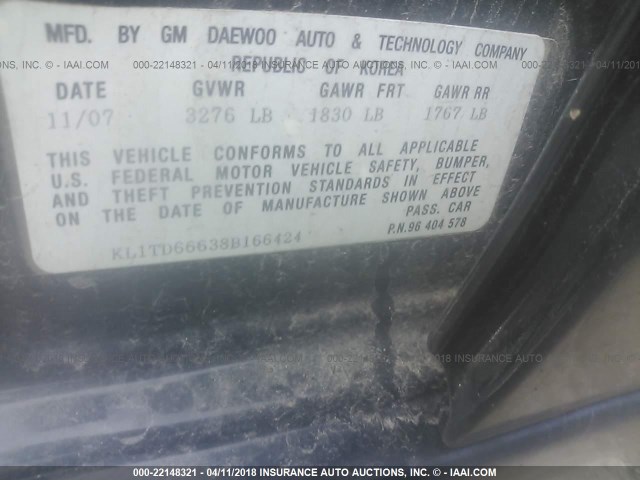 KL1TD66638B166424 - 2008 CHEVROLET AVEO LS BLACK photo 9