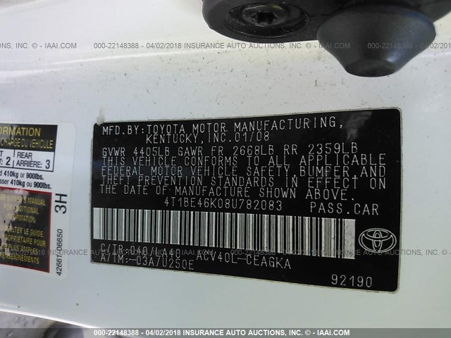 4T1BE46K08U782083 - 2008 TOYOTA CAMRY CE/LE/XLE/SE WHITE photo 9
