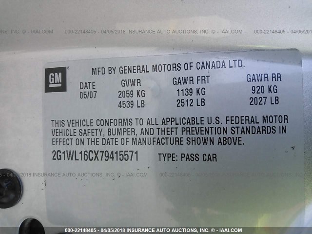2G1WL16CX79415571 - 2007 CHEVROLET MONTE CARLO SS ვერცხლისფერი ფოტო 9