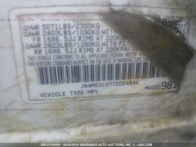 JA4MS31X77Z004846 - 2007 MITSUBISHI OUTLANDER ES/LS 白色 照片 9