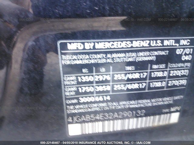 4JGAB54E32A290132 - 2002 MERCEDES-BENZ ML 320 BLACK photo 9