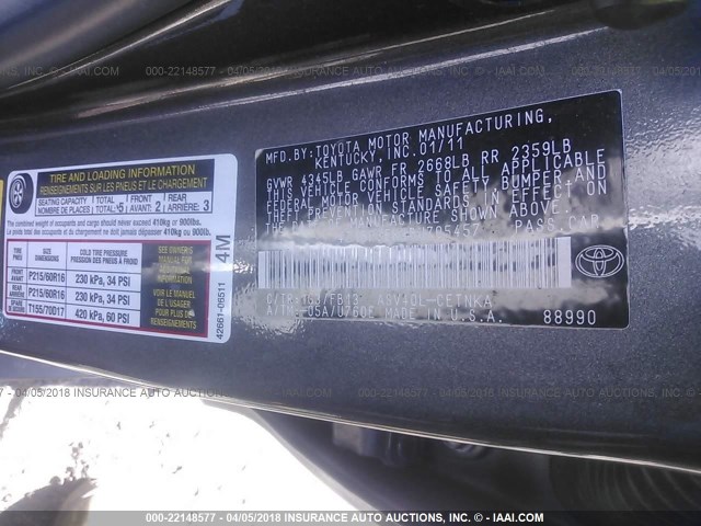 4T1BF3EK4BU705457 - 2011 TOYOTA CAMRY SE/LE/XLE GRAY photo 9