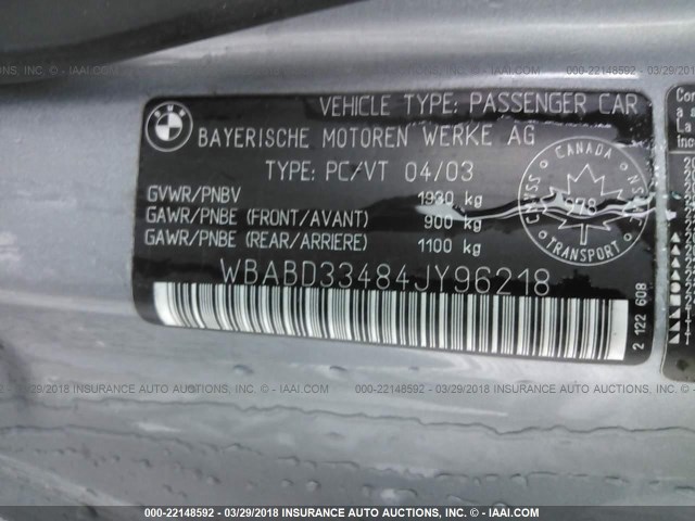 WBABD33484JY96218 - 2004 BMW 325 CI GRAY photo 9