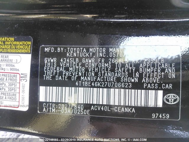 4T1BE46K27U706623 - 2007 TOYOTA CAMRY NEW GENERAT CE/LE/XLE/SE BLACK photo 9