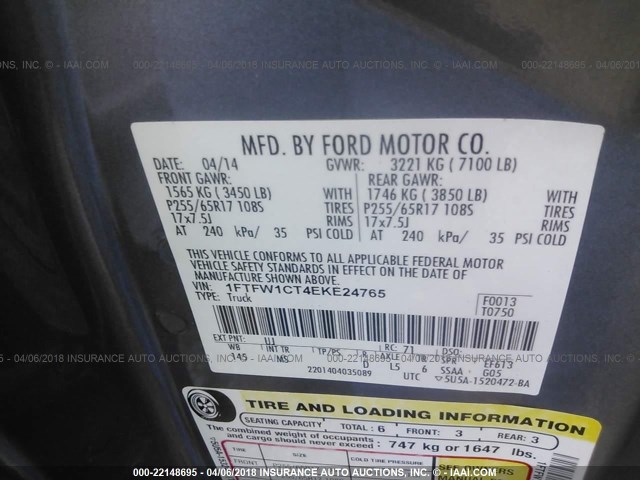 1FTFW1CT4EKE24765 - 2014 FORD F150 SUPERCREW GRAY photo 9