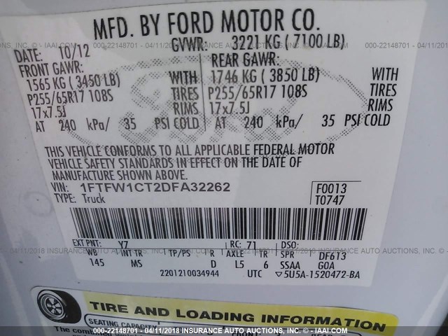 1FTFW1CT2DFA32262 - 2013 FORD F150 SUPERCREW WHITE photo 9