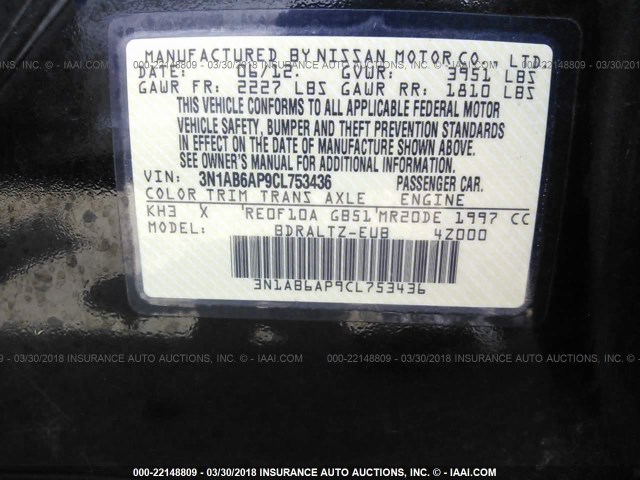 3N1AB6AP9CL753436 - 2012 NISSAN SENTRA 2.0/2.0S/SR/2.0SL BLACK photo 9