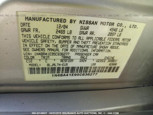 1N4BA41E95C836277 - 2005 NISSAN MAXIMA SE/SL SILVER photo 9