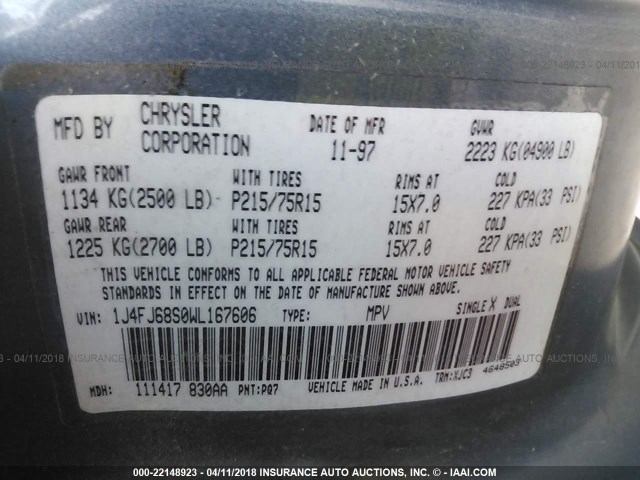 1J4FJ68S0WL167606 - 1998 JEEP CHEROKEE SPORT/CLASSIC ლურჯი ფოტო 9