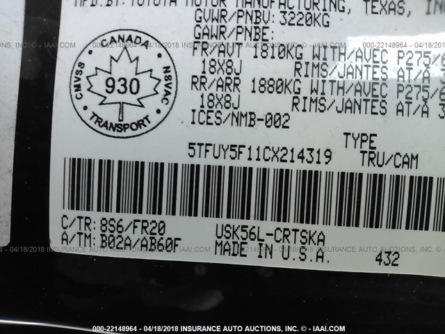 5TFUY5F11CX214319 - 2012 TOYOTA TUNDRA DOUBLE CAB SR5 BLUE photo 9