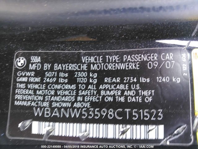WBANW53598CT51523 - 2008 BMW 550 I BLACK photo 9