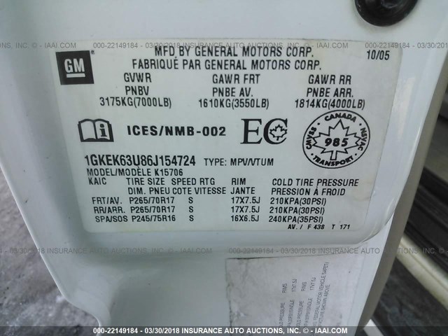 1GKEK63U86J154724 - 2006 GMC YUKON DENALI WHITE photo 9