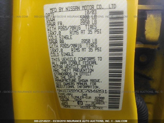 5N1ED28YX3C704091 - 2003 NISSAN XTERRA XE/SE YELLOW photo 9