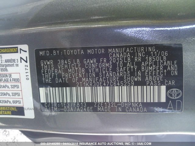 2T1KR30E47C645259 - 2007 TOYOTA COROLLA MATRIX XR GRAY photo 9