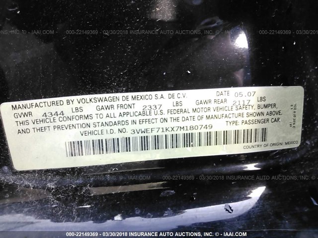 3VWEF71KX7M180749 - 2007 VOLKSWAGEN JETTA WOLFSBURG 黑色 照片 9