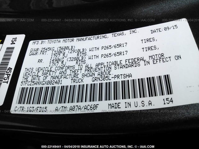 5TFCZ5ANXGX002401 - 2016 TOYOTA TACOMA DBL CAB/SR/SR5/TRD SPT/OR GRAY photo 9