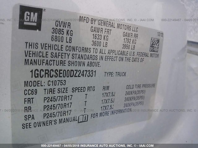 1GCRCSE00DZ247331 - 2013 CHEVROLET SILVERADO C1500 LT SILVER photo 9