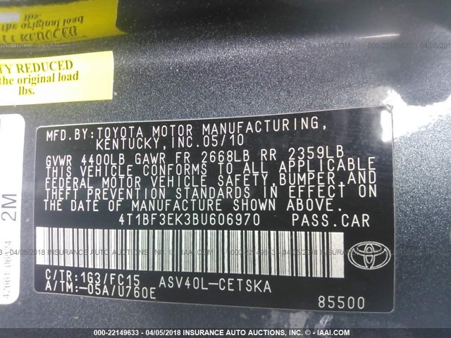 4T1BF3EK3BU606970 - 2011 TOYOTA CAMRY SE/LE/XLE GRAY photo 9