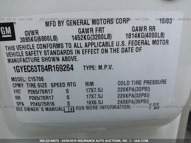 1GYEC63T84R169264 - 2004 CADILLAC ESCALADE LUXURY WHITE photo 9