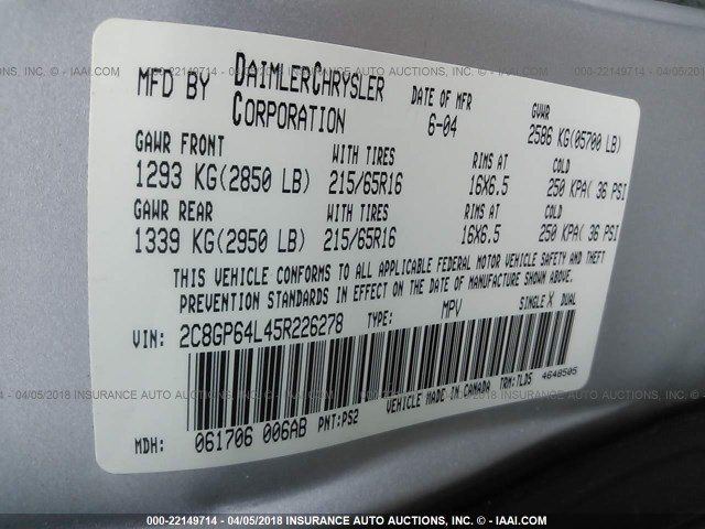 2C8GP64L45R226278 - 2005 CHRYSLER TOWN & COUNTRY LIMITED GRAY photo 9