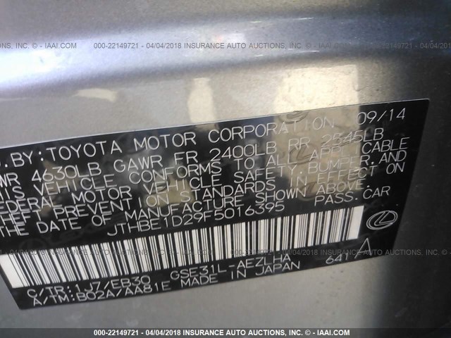 JTHBE1D29F5016395 - 2015 LEXUS IS 350 GRAY photo 9