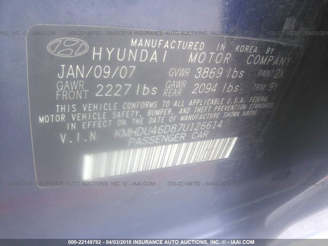 KMHDU46D87U126614 - 2007 HYUNDAI ELANTRA GLS/SE/LIMITED BLUE photo 9