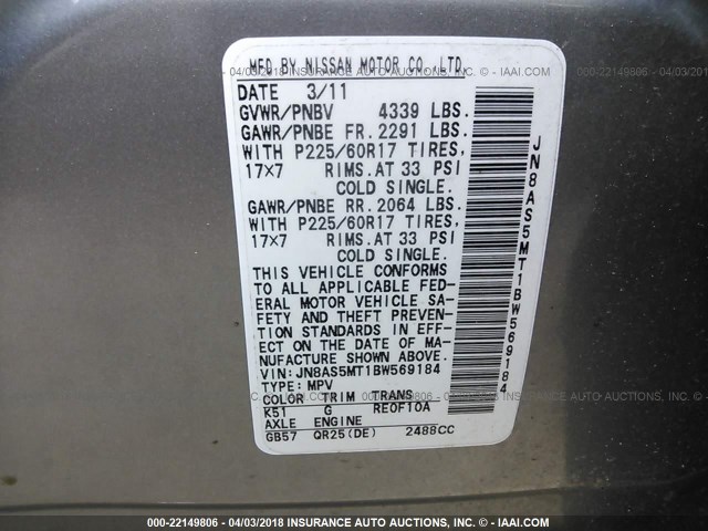 JN8AS5MT1BW569184 - 2011 NISSAN ROGUE S/SV/KROM GRAY photo 9