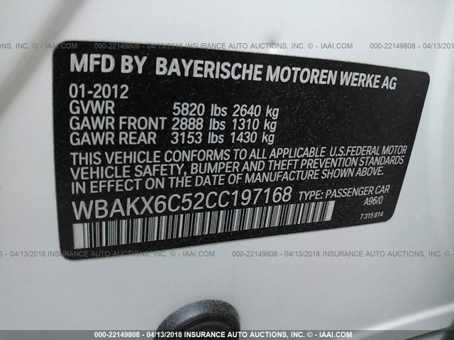 WBAKX6C52CC197168 - 2012 BMW 750 I WHITE photo 9