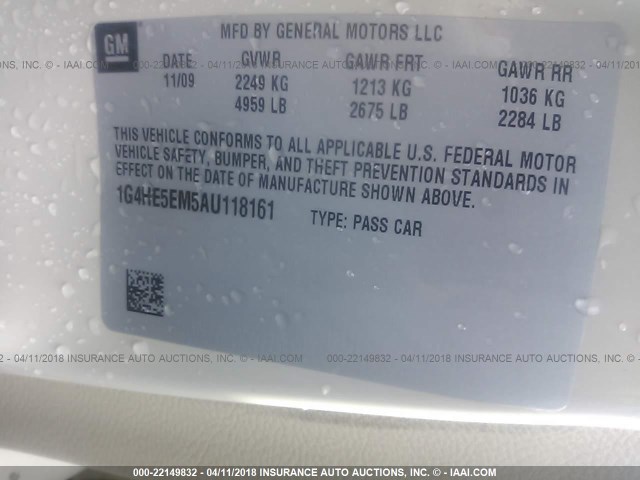 1G4HE5EM5AU118161 - 2010 BUICK LUCERNE CXL CREAM photo 9