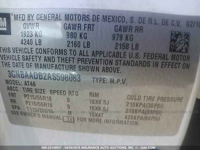 3GNBAADB2AS598083 - 2010 CHEVROLET HHR LS WHITE photo 9
