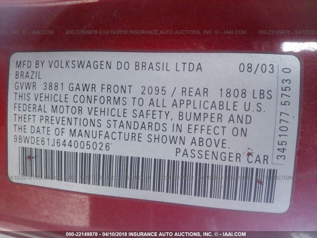 9BWDE61J644005026 - 2004 VOLKSWAGEN GTI RED photo 9