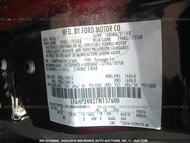 1FAHP34N27W157600 - 2007 FORD FOCUS ZX4/S/SE/SES 栗色 照片 9