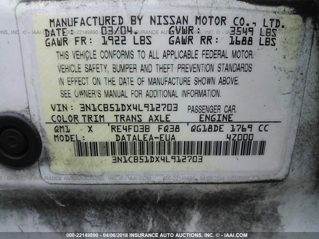 3N1CB51DX4L912703 - 2004 NISSAN SENTRA 1.8/1.8S WHITE photo 9