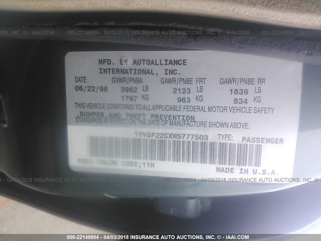 1YVGF22CXW5777503 - 1998 MAZDA 626 DX/LX GREEN photo 9