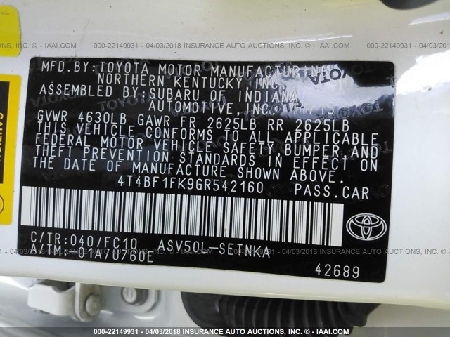 4T4BF1FK9GR542160 - 2016 TOYOTA CAMRY LE/XLE/SE/XSE WHITE photo 9