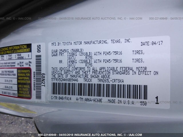 5TFRX5GN4HX089446 - 2017 TOYOTA TACOMA ACCESS CAB/SR/SR5 白色 照片 9