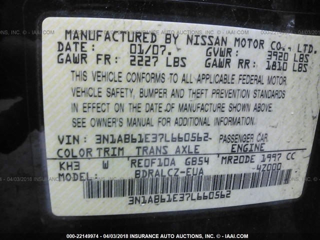 3N1AB61E37L660562 - 2007 NISSAN SENTRA 2.0/2.0S/2.0SL BLACK photo 9